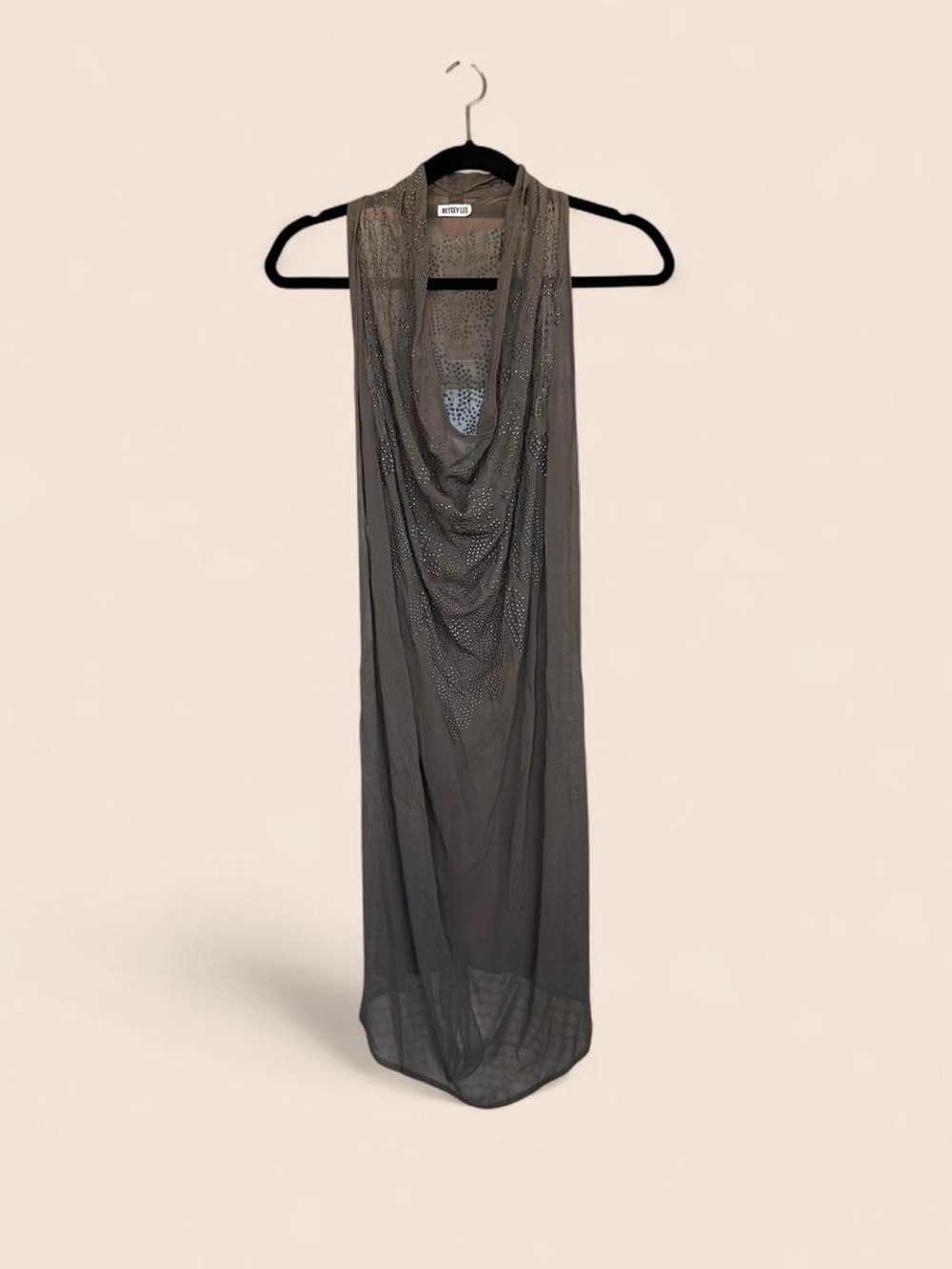 NWT Betsey Lee Sheer Silk Rhinestone Cowl Neck Draped Dress